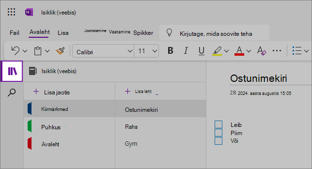 Sisuala kuvav OneNote'i veebikasutajaliides