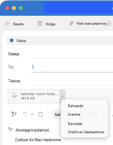 Faili manustamise ripploendi suvandid rakenduses Outlook for Mac