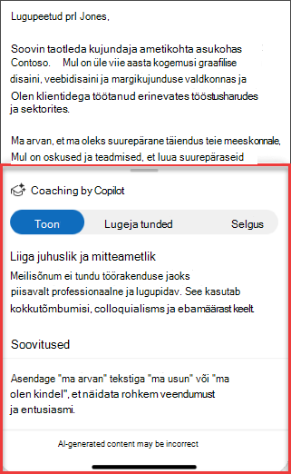 Copiloti soovitused tooni, selguse ja lugejasõnumside jaoks Outlooki mobiilirakenduses