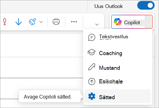 Kuvab Outlooki paremas ülanurgas Copilot-menüüs suvandi Sätted.