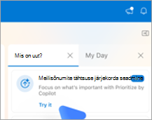 Kuvab Outlooki Maci versioonis vahekaardi Whats New (Mis on uut).Jaotises Prioriseeri oma meiliaadressid on link Try it (Proovi järele).
