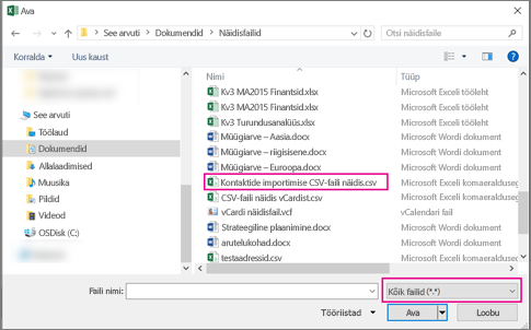 CSV-faili otsimisel valige kindlasti otsingusuvand Kõik failid.