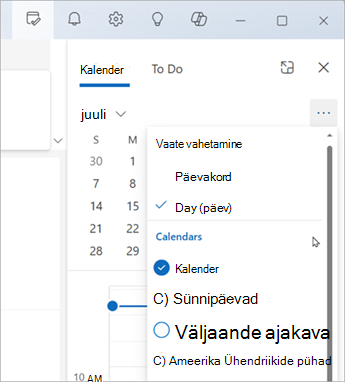 Päevakavavaate või päevavaate kuvamiseks valige Vaheta vaateid. Siin saate valida ka kuvatavad kalendrid.