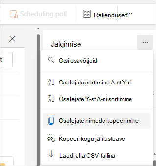 Screenshot of Tracking pane in new Outlook showing dropdown options to copy attendee list