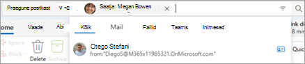 Sisestage otsinguribale tekst, et kuvada otsinguulatuse soovitused (nt Kõik, Meil, Files, Teams ja People).