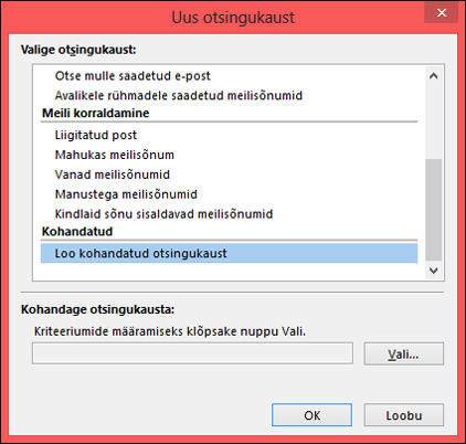 Nupu „Loo kohandatud otsingukaust“ valimine