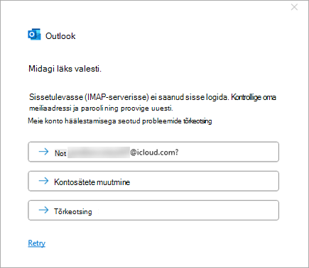 Kuvatõmmis iCloudi konto lisamisel kuvatavast tõrketeatest Midagi läks valesti