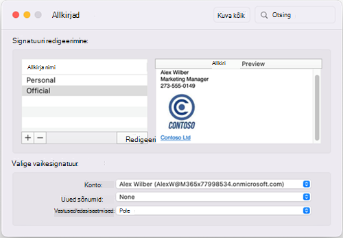 Outlook for Mac Default Signatures window