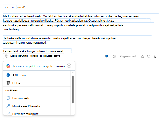 Kuvab Outlooki uue meili lehe koos Outlooki loodud mustandiga. Mustandi all on mustandi alleshoidmise, hülgamise või muutmise suvandid.