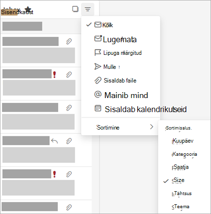 Kuvatõmmis menüüst Filtreerimine, kus on valitud käsk Sortimisalus