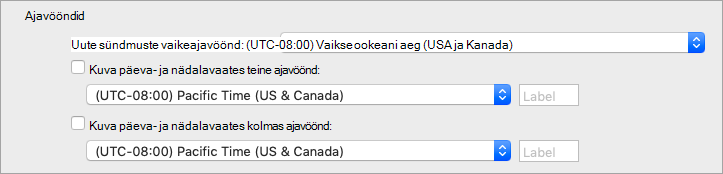 Kuvab Calendar eelistustes teise ja kolmanda ajavööndi