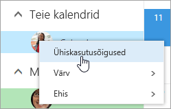 Kuvatõmmis kontekstimenüüst Teie kalender, kus on valitud käsk Ühiskasutusõigused.
