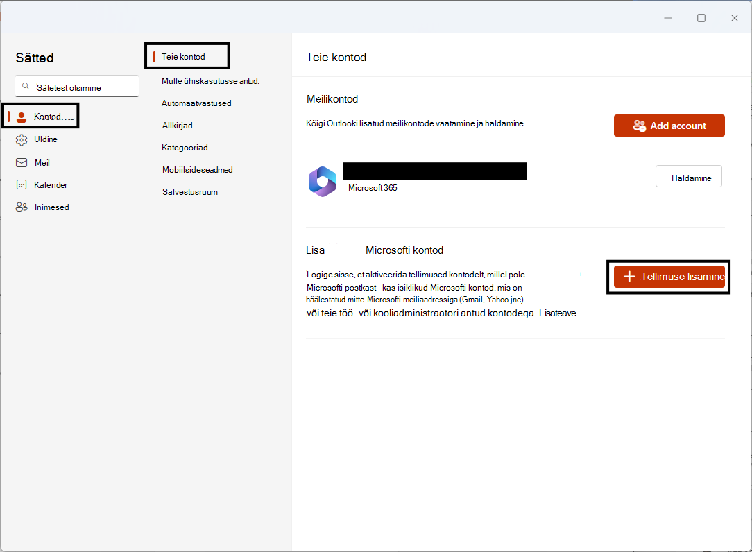 Täiendavate Microsofti kontode lisamine kontode > sätete lehel