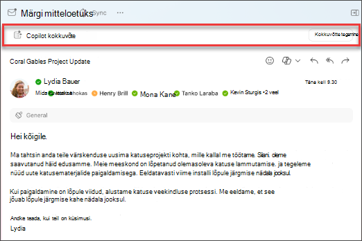 Meililõime kokkuvõtte loomiseks valige Copiloti kokkuvõte.