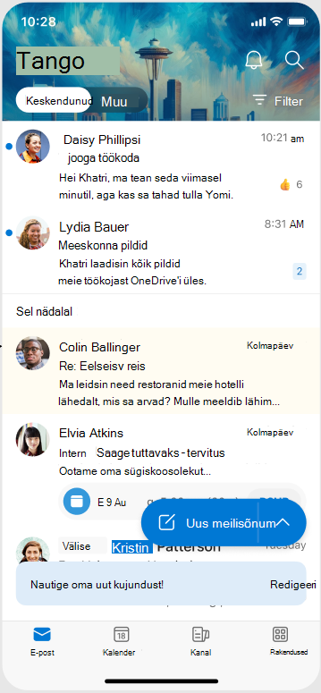 Kuva, mis näitab, kuidas kujundus Outlook Mobile'is rakendatuna välja näeb