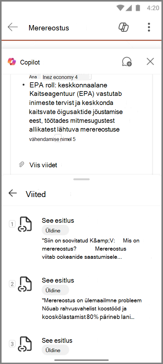 Androidi seadmel funktsiooni Copilot PowerPointisi kuvatõmmis viidetega selle slaidipaki vastusest kokkuvõtte tegemiseks.