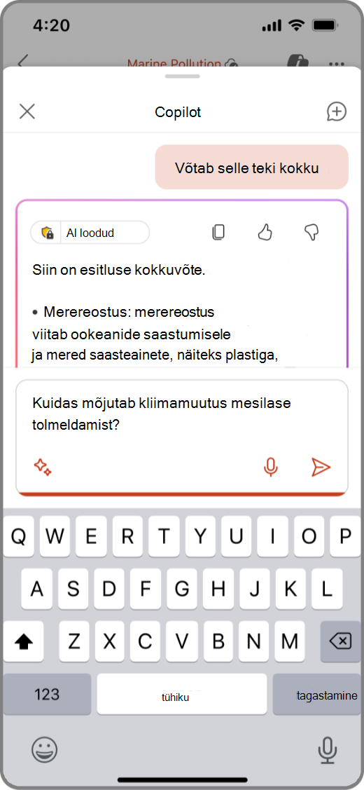 iOS-i seadmel funktsiooni Copilot PowerPointisi kuvatõmmis koostevälja viibaga