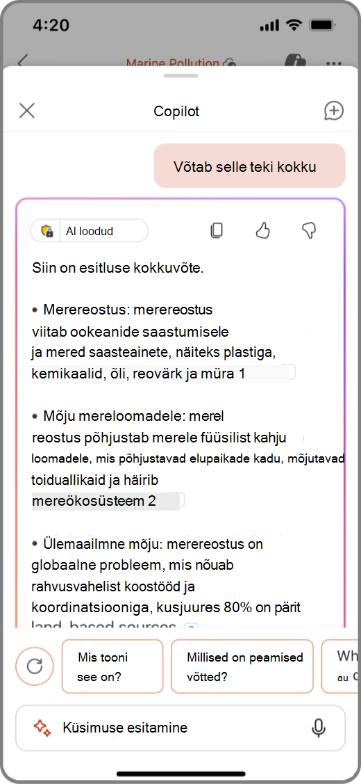 OS-i seadmel funktsiooni Copilot PowerPointisi kuvatõmmis sellest slaidipakist kokkuvõtte tegemise tulemiga