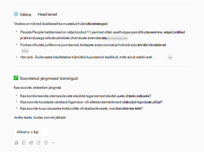 Kuvatõmmis Copilotsi vastusest esitluse loomiseks, kus on kuvatud teave taotletud teema ja järelküsimuste kohta.