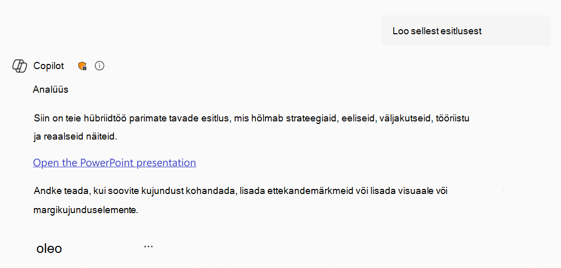 Kuvatõmmis Microsoft Copilot PowerPointi loomisest ja kasutajale tagasilingi andmisest.