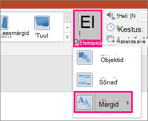 Kuvatõmmis morfimisülemineku menüüst Efektisuvandid, kus on valitud märgid.
