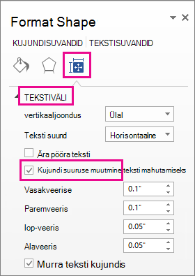 Kuvatõmmis kujundi suuruse muutmisest teksti mahutamiseks paanil Kujundi vormindamine.
