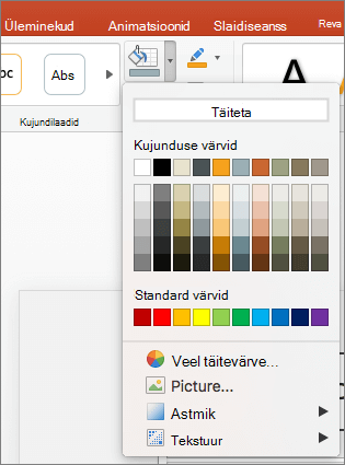Kuvatõmmisel on kujutatud menüü Kujunditäide suvandid, sh Täiteta, Kujunduse värvid, Standardvärvid, Veel täitevärve, Pilt, Astmik ja Tekstuur.