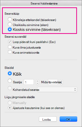 Seansitüübi suvandid