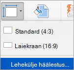 Kuvab menüü „Slaidi suurus“ suvandi „ Lehe häälestus“