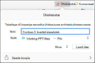 Kuvatõmmis, millel on kujutatud dialoogiboks, kus pakutakse võimalust laadida esitlus sujuvaks jagamiseks üles Microsofti pilvsalvestusruumi.