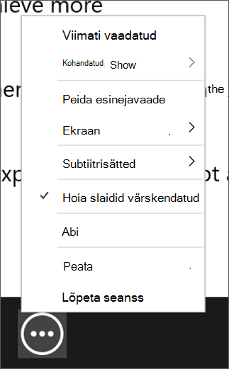 Screenshot of the More slide show options menu, showing Keep Slides Updated selected.