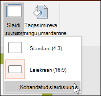 Valige lindimenüüs Kujundus nupp Slaidi suurus ja siis Kohandatud slaidisuurus.