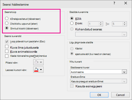 Kuvab PowerPointi iseesituva esitluse dialoogiboksi