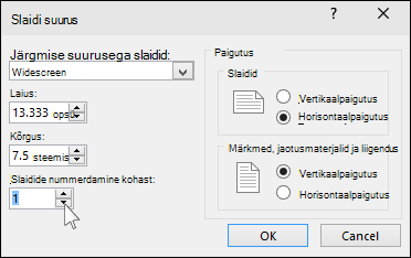 Slaidisuuruse dialoogiboksi pilt PowerPointis