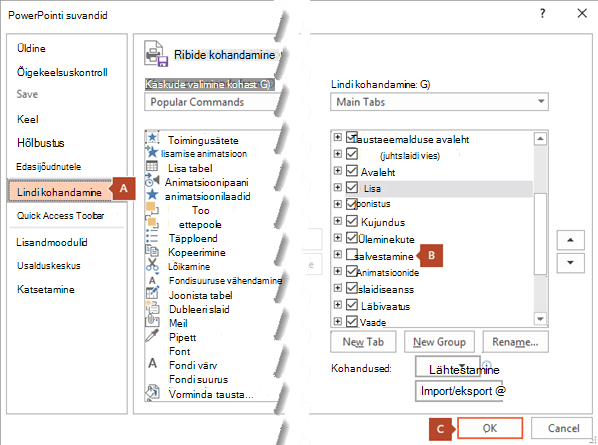 PowerPoint 2016 dialoogiboksi Suvandid vahekaardil Lindi kohandamine on suvand menüü Salvestamine lisamiseks PowerPointi lindile.
