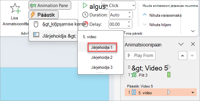 Kus määrata animatsiooni päästik; sellisel juhul, kui video järjehoidja on saavutatud.
