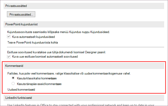 Screenshot showing Options for modern comments