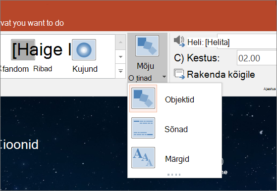 Näitab PowerPoint 2016 morfimissiirde üleminekuefekti suvandeid