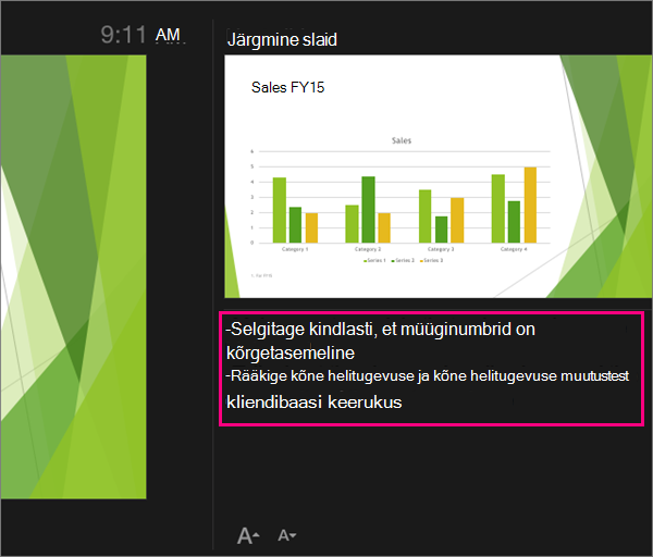 Kuvatud on märkmed PowerPoint 2016 for Maci esinejavaates