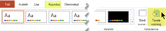 Tausta vormindamise nupp asub PowerPointi lindi menüüs „Kujundus“