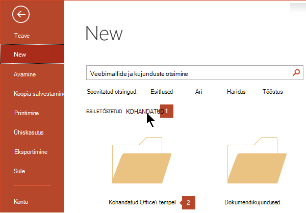 Klõpsake jaotises Fail > uus nuppu Kohandatud ja seejärel käsku Kohandatud Office'i mallid.