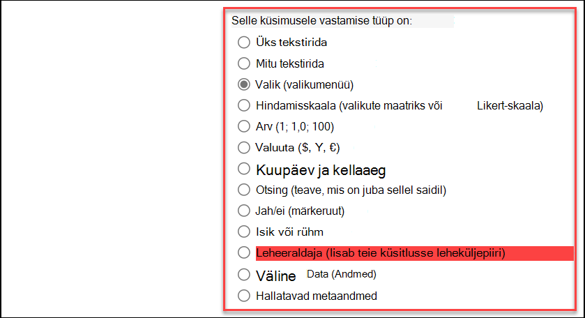Vastuse tüübi kuvatõmmis