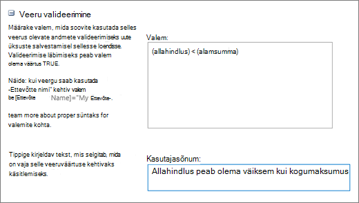 Veeru valideerimise dialoogiboks, mille väljad on täidetud näidisandmetega