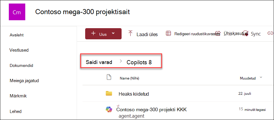 Kuvatõmmis, mis näitab, kus Copiloti agendid salvestatakse, kui need on loodud avalehe kaudu