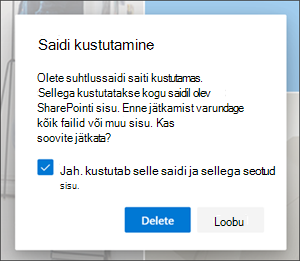 Saidi kustutamise kinnitamise dialoogiboks, kus palutakse kinnitada SharePointi saidi jäädav kustutamine