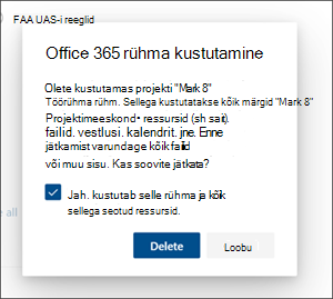 Kustuta sait ja kogu sisu kinnitamise dialoogiboks SharePointi saidi jäädavalt eemaldamiseks
