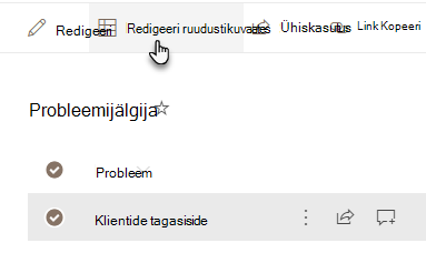 SharePointi loendi tööriistariba, kus mitme üksuse korraga lisamiseks on esile tõstetud nupp Redigeeri koordinaatvõrgu vaates