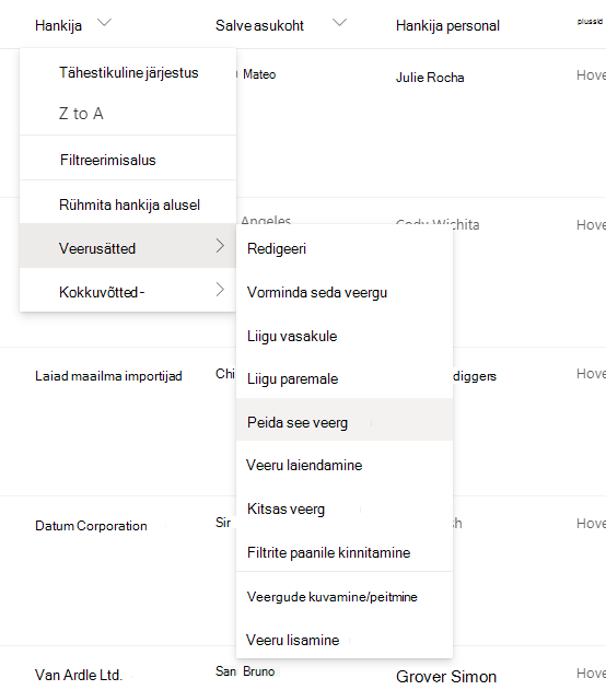 Veerusätted > Peida see veerusuvand, kui uuemas SharePointi loendis või teegis on valitud veerupäis
