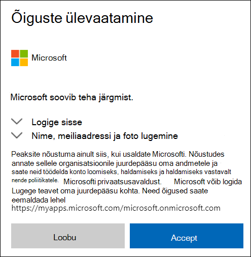 OneDrive'i välise ühiskasutuse õiguse aken.