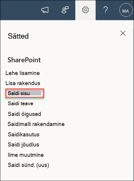 Kuvatõmmis sätete saidi sisust